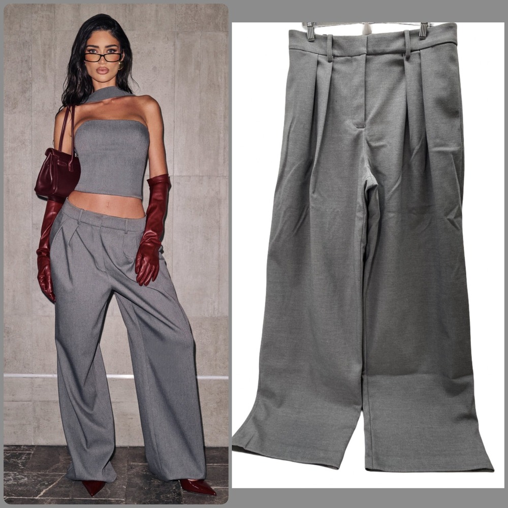 Babyboo Kirsty Grey Marl Wide Leg Trouser Pants Pleated Tailored Low Rise NEW M